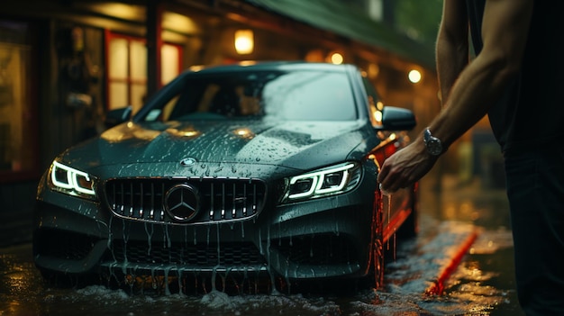 La mano de un hombre lavando un coche en un garaje