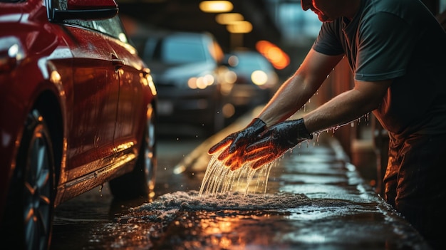 La mano de un hombre lavando un coche en un garaje