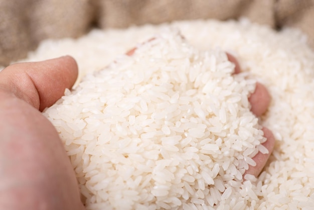 Mano de un hombre mirando a través del arroz cosechado en un saco de lino comprobando su calidad