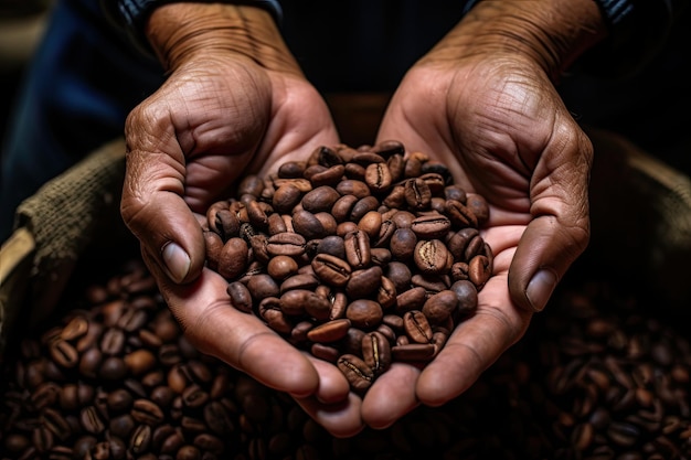 La mano de un hombre muestra una variedad de granos de café recién tostados