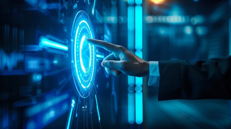 La mano del hombre de negocios se extiende para tocar una pantalla virtual que muestra la transformación digital Generative Ai