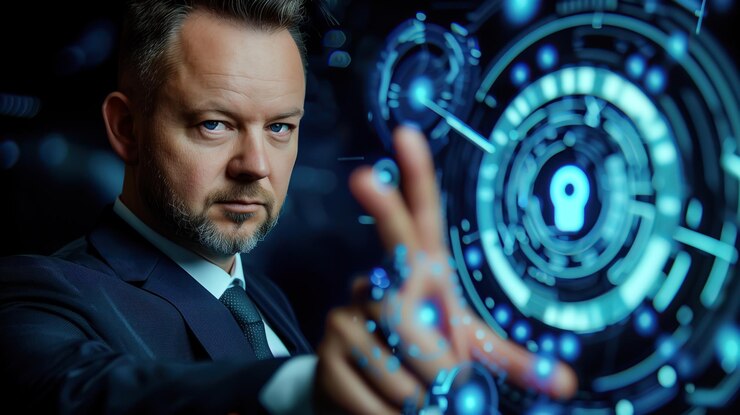 La mano del hombre de negocios se extiende para tocar una pantalla virtual que muestra la transformación digital Generative Ai
