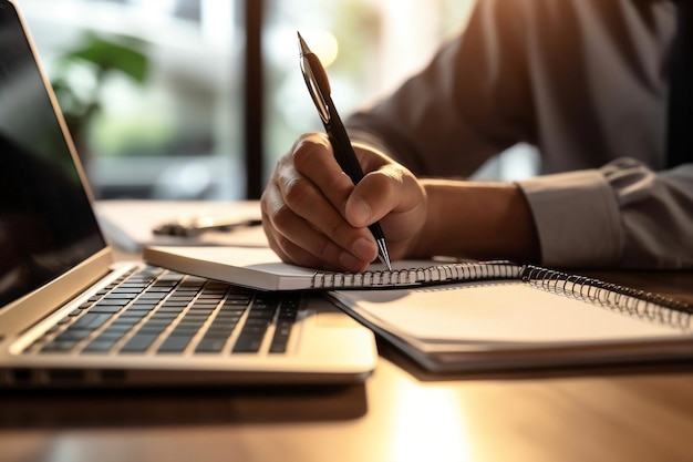 La mano del hombre de negocios, el financiero, el contador y la computadora portátil con documentos de IA.