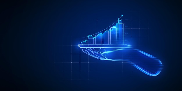 Mano de hombre de negocios con gráfico de crecimiento de holograma empresarial de tecnología de metaverso análisis financiero digital red global o gráfico de acciones de marketing de innovación y plan de diagrama de ganancias de éxito económico