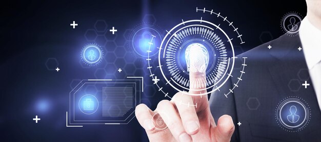 Mano de hombre de negocios con ID brillante creativa interfaz de huella digital con iconos digitales Biometría y concepto de seguridad