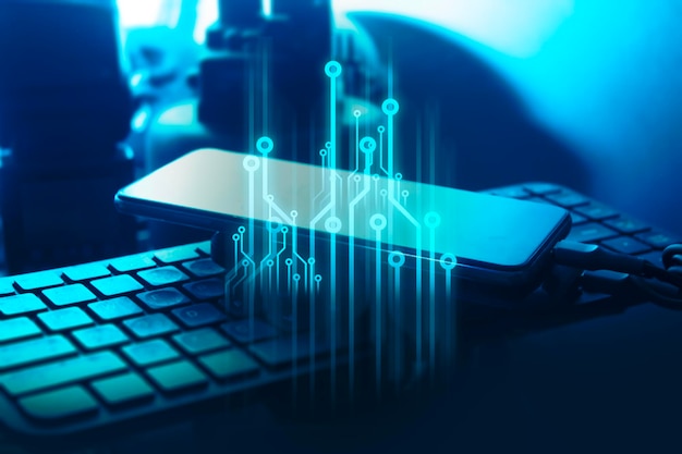 La mano de un hombre de negocios interactivo tocando un holográfico de una red de datos financieros seguridad de la tecnología inteligencia artificial