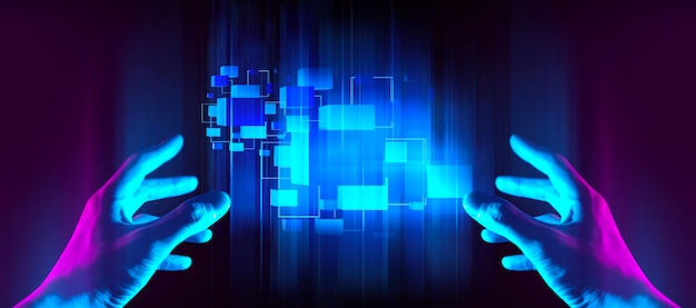 La mano de un hombre de negocios interactivo tocando un holográfico de una red financiera que simboliza la posesión de tecnología inteligencia artificial