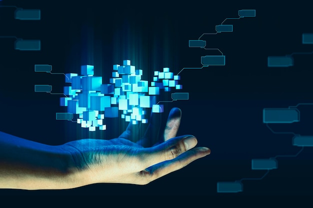 mano de hombre de negocios interactivo tocando un holográfico de transacción red financiera sistema de datos concepto de tecnología inteligencia artificial con usuario humano
