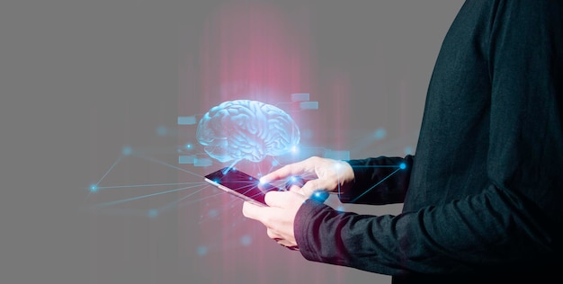 mano de hombre de negocios interactivo tocando un holográfico de transacción red financiera sistema de datos concepto de tecnología inteligencia artificial con usuario humano
