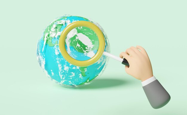 mano de un hombre de negocios sosteniendo una lupa con el mundo aislado en un fondo verde ilustración 3D o renderización 3D