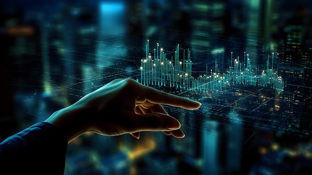 Mano de hombre de negocios tocando el panel virtual con el concepto de mercado de valores gráfico forex