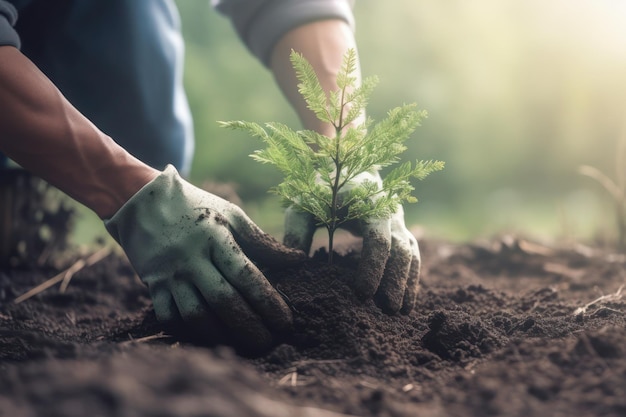 La mano del hombre plantando un nuevo árbol en la tierra en un parque urbano