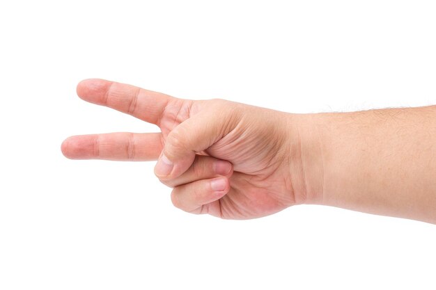 Foto la mano de un hombre que muestra el signo de la paz número dos sobre un fondo blanco.