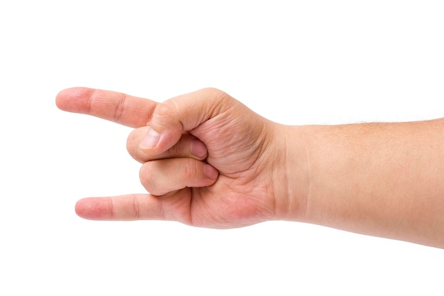 La mano de un hombre que muestra el símbolo de la roca aislado en un fondo blanco.