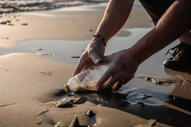 La mano de un hombre quita plástico de la playa IA generativa