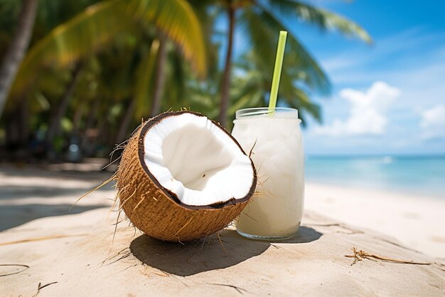 Foto la mano del hombre está sosteniendo un coco cócteles de coco frescos en la hermosa playa en un día soleado