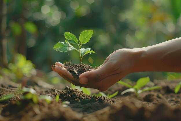 La mano de un hombre sosteniendo un pequeño árbol para plantar para el medio ambiente verde Día Mundial Día de la Tierra