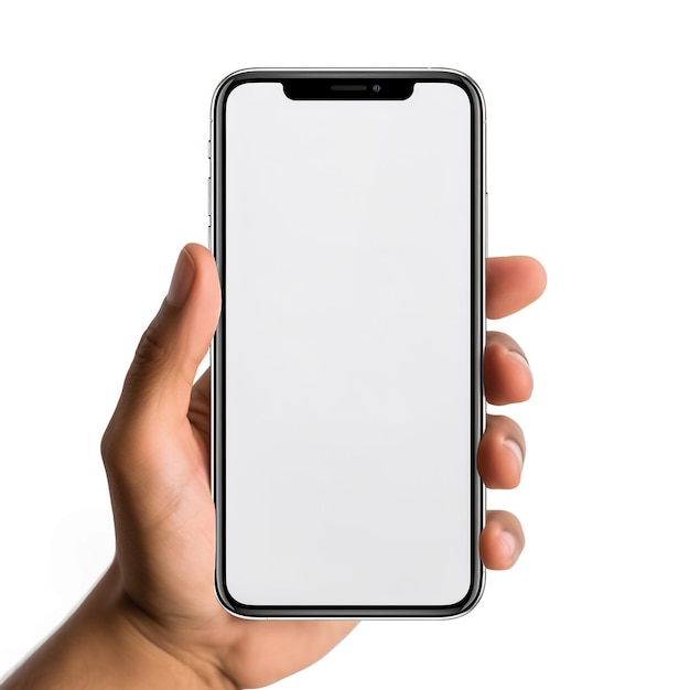 La mano del hombre sosteniendo un teléfono inteligente con pantalla en blanco en el escritorio blanco con