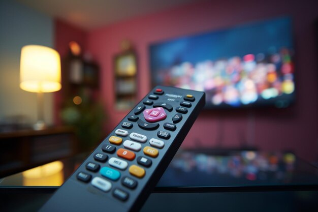 La mano del hombre sostiene un control remoto de la TV en foco