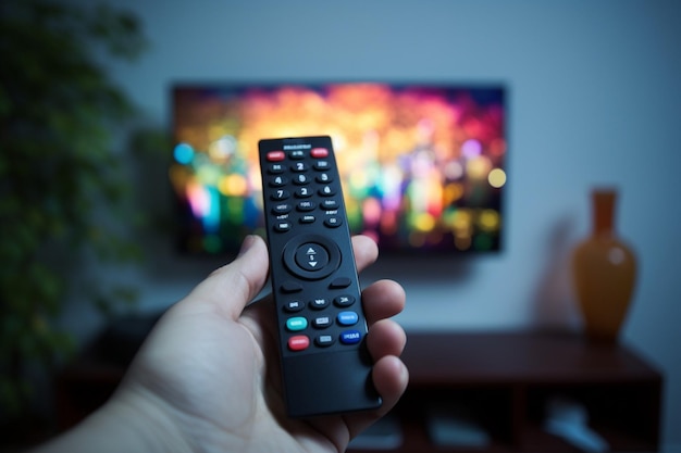 La mano del hombre sostiene un control remoto de la TV en foco