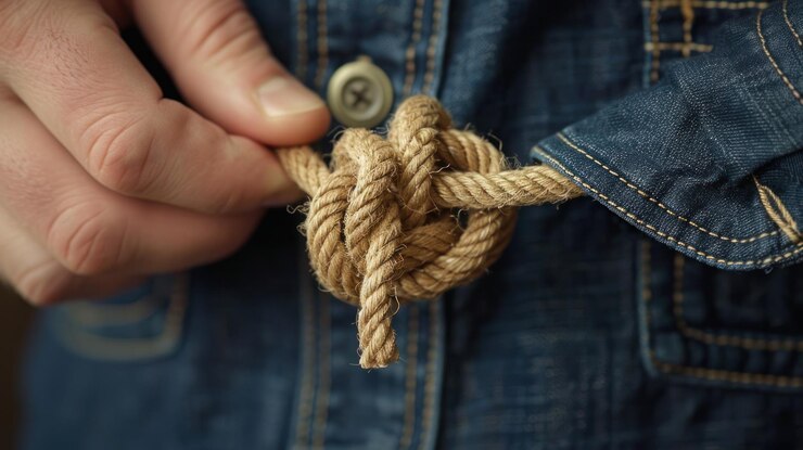 Foto la mano de un hombre sostiene una cuerda atada en un nudo contra una camisa de denim azul