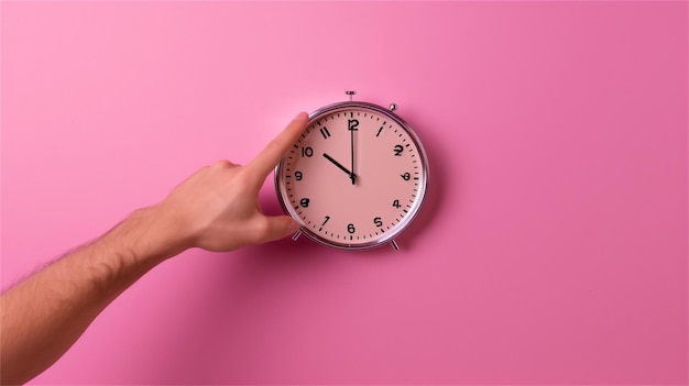 Foto la mano de un hombre sostiene un despertador sobre un fondo rosa