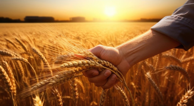 La mano de un hombre sostiene espiguillas de grano