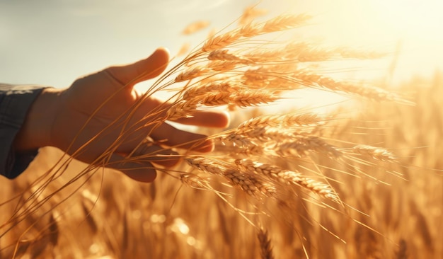 La mano de un hombre sostiene espiguillas de grano