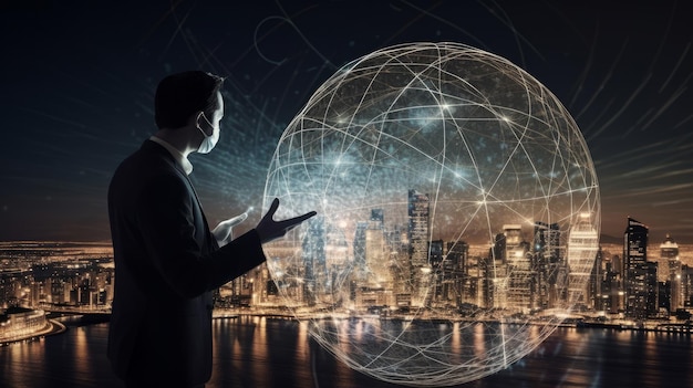 La mano del hombre sostiene un globo electrónico mientras mira la ciudad Ilustración AI GenerativexA