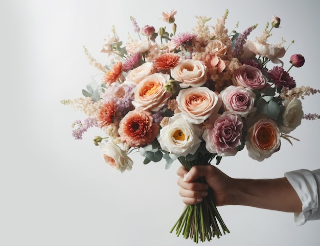 La mano de un hombre sostiene un hermoso ramo de flores sobre un fondo blanco