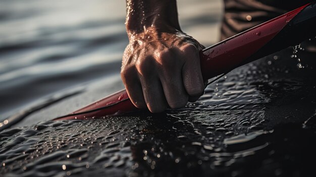 Foto la mano del hombre sostiene el remo.