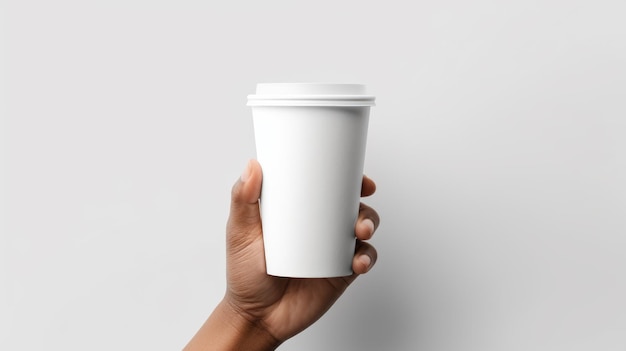 La mano de un hombre sostiene una taza de café de papel blanco con una tapa blanca en un fondo blanco aislado creado con tecnología de IA generativa