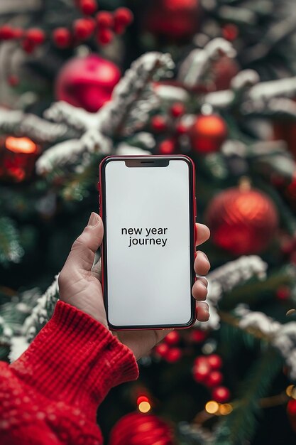 una mano de hombre sostiene un teléfono móvil dentro del texto viaje de año nuevo