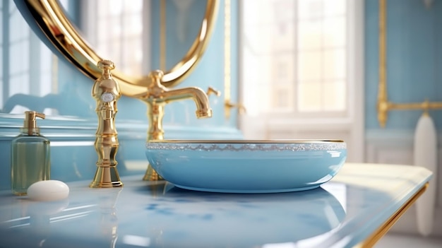 La mano de un hombre toca el agua en un hermoso lavabo con un grifo de metal al lado de un espejo IA generativa