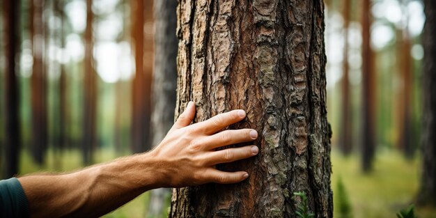 La mano de un hombre toca el tronco de un pino.