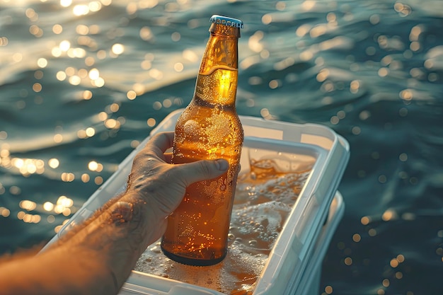 La mano de un hombre tomando una botella de vidrio de cerveza fría y sabrosa de la caja refrigeradora cuando asiste a una fiesta en el muelle