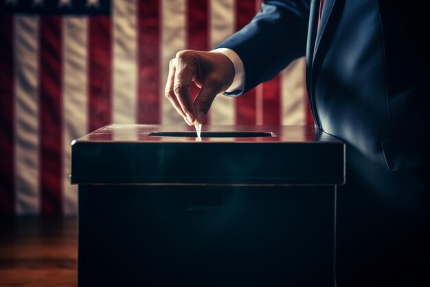 Foto la mano de un hombre en traje insertando un sobre en una caja de votación con la bandera de los estados unidos en el fondo