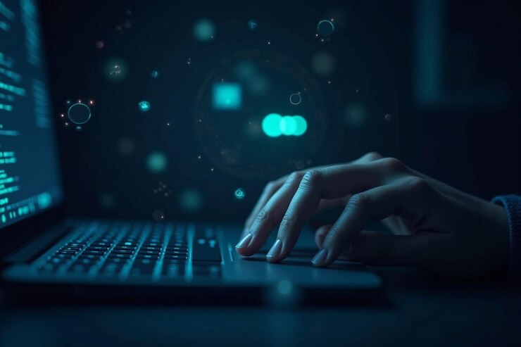 La mano de un hombre usando una computadora portátil en un fondo azul abstracto futurista Concepto con conexiones de red