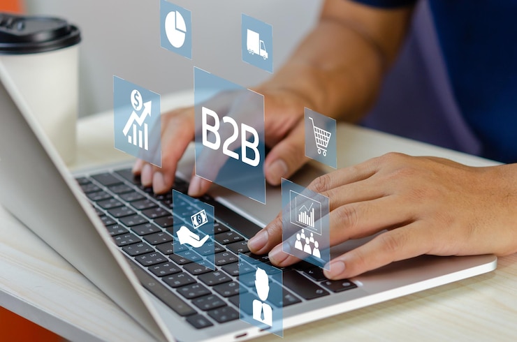 Foto mano de hombre usando la pantalla virtual de la computadora portátil b2b business to business iconos y símbolos concepto de marketing de tecnología empresarial