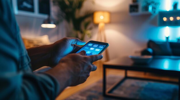 La mano de un hombre usando un teléfono inteligente controlando el asistente de automatización del hogar inteligente Concepto de hogar inteligente