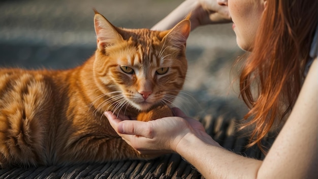 La mano humana acaricia con ternura a un gato rojo