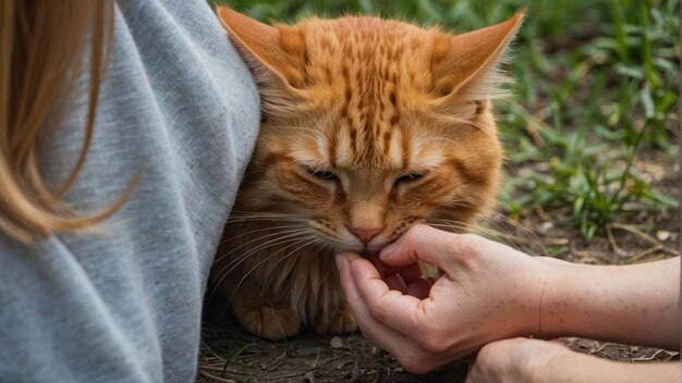 La mano humana acaricia con ternura a un gato rojo