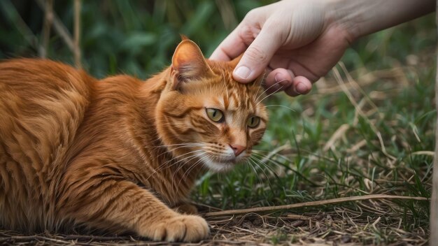 La mano humana acaricia con ternura a un gato rojo