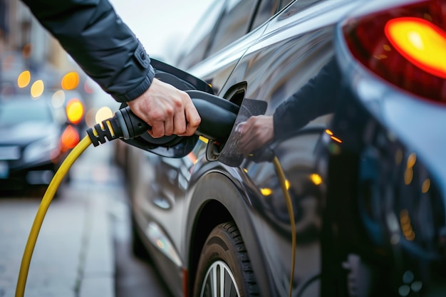 Foto la mano humana conecta un cargador a un coche eléctrico