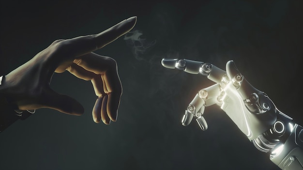 una mano humana y una cruz que dice "robot" en ella