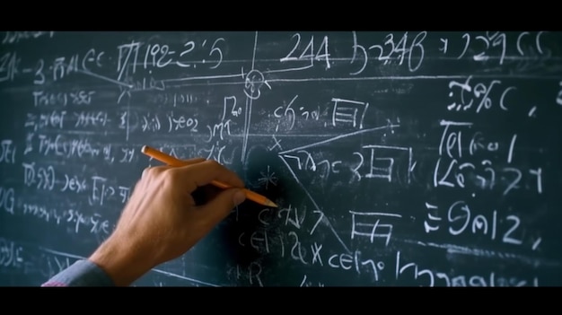 Una mano humana escribiendo ecuaciones matemáticas en una pizarra IA generativa