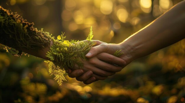 Foto la mano humana estrecha la mano de la naturaleza foto