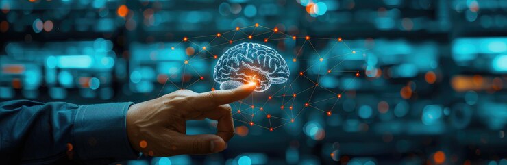 mano humana con inteligencia artificial que interactúa con un monitor de pantalla táctil que ilustra los rápidos avances en tecnología en el futuro