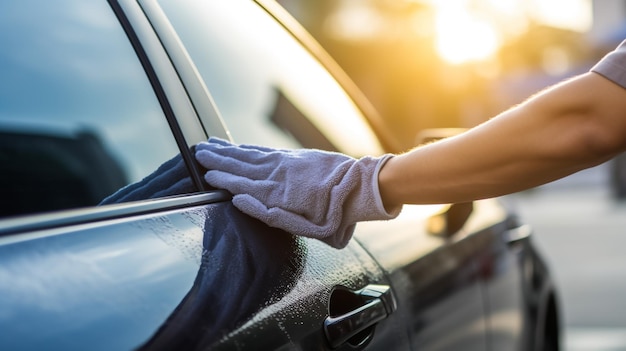 Mano humana mostrando limpiar y lavar el coche