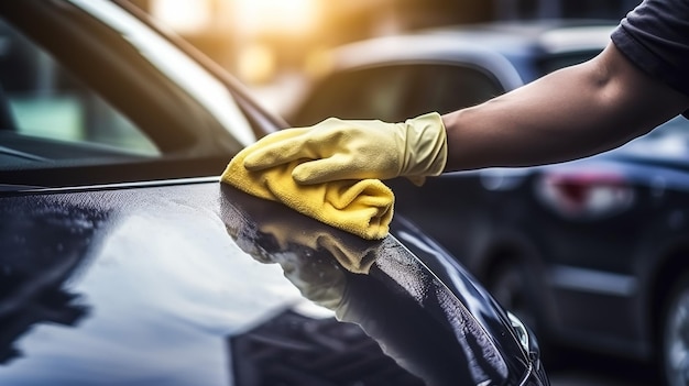 Mano humana mostrando limpiar y lavar el coche